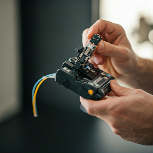 technician hands delicately working with precise fiber optic splicing equipment in a bright modern residential setting